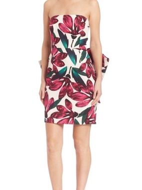 MILLY LYLA Floral Bow Back Strapless Dress in White and Magenta